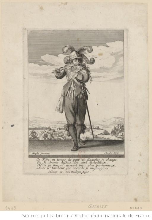 « Un soldat jouant du fifre » estampe du XVIIe siècle de Michel Lasne, graveur, d’après un dessin d’Abraham Bosse (source : Gallica, site de la Bibliothèque Nationale).