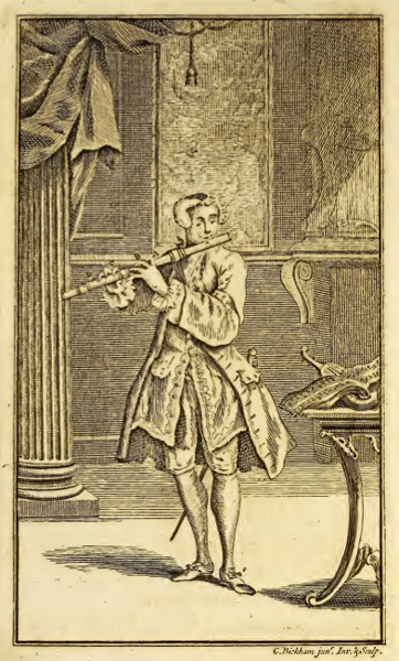 Joueur de flûte au XVIIIe siècle (gravure extraite d’un recueil anglais de musique de danse pour flûte traversière« The delightful Pocket Companion for the German Flute »).
